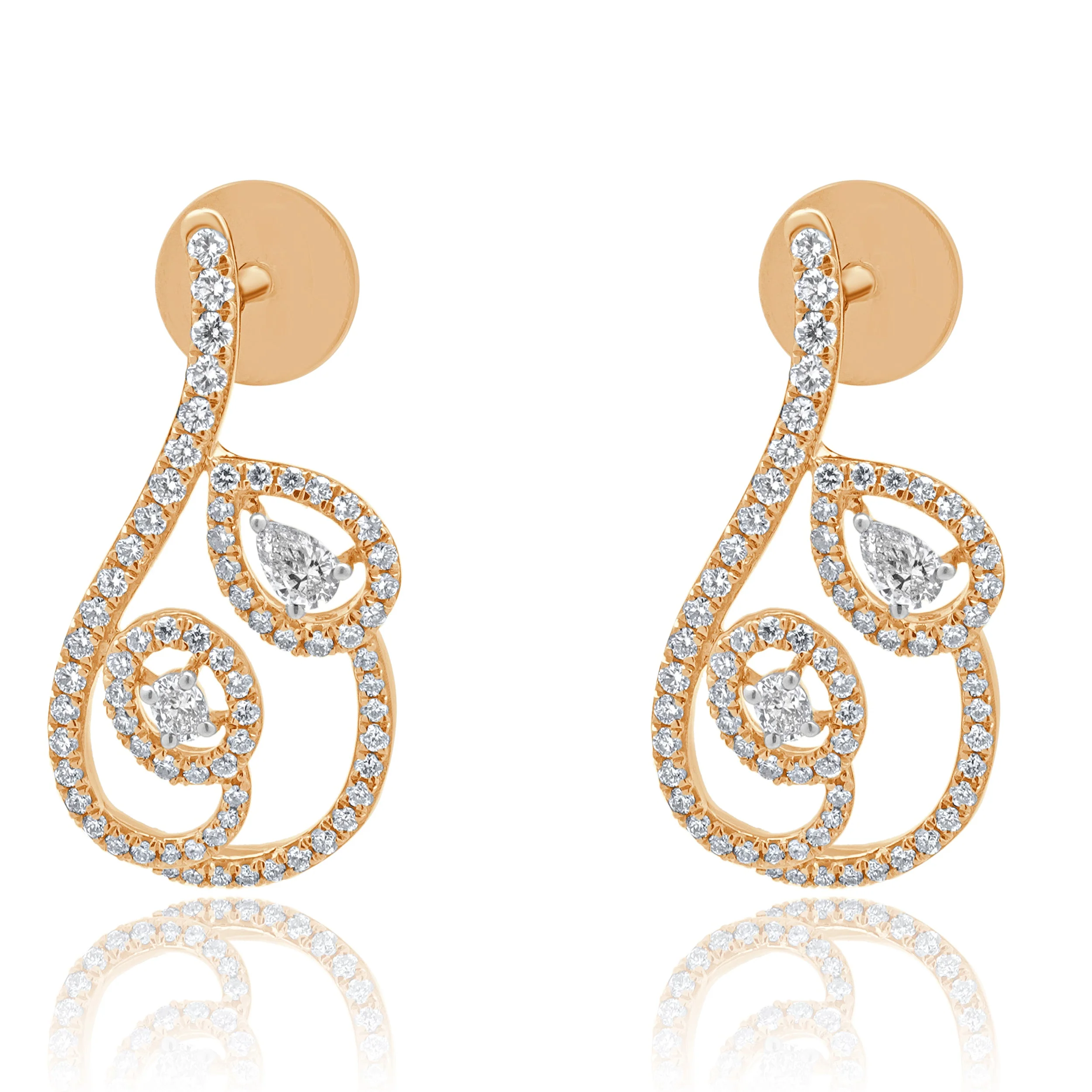 18K Rose Gold Pear, Oval, and Round Cut Diamond Swirl Earrings