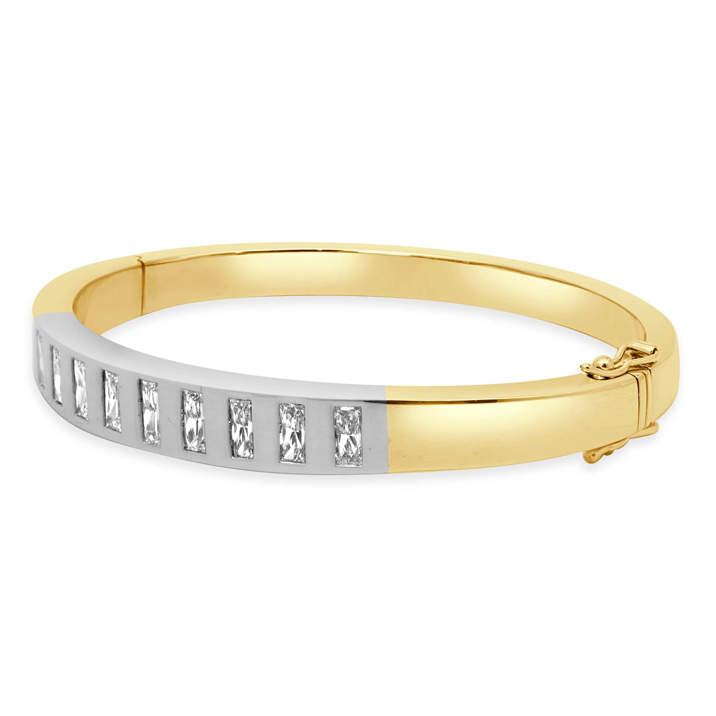 18K Two-Tone Yellow and White Gold Flush Set Crisscut Diamond Hinged Bangle Bracelet 6.25" - Image 2