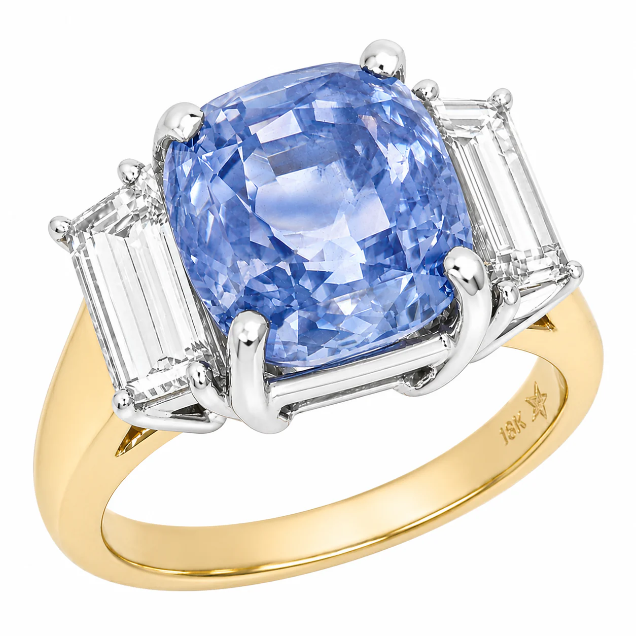 18K White And Yellow Gold Unheated Sapphire and Diamond Three Stone Ring