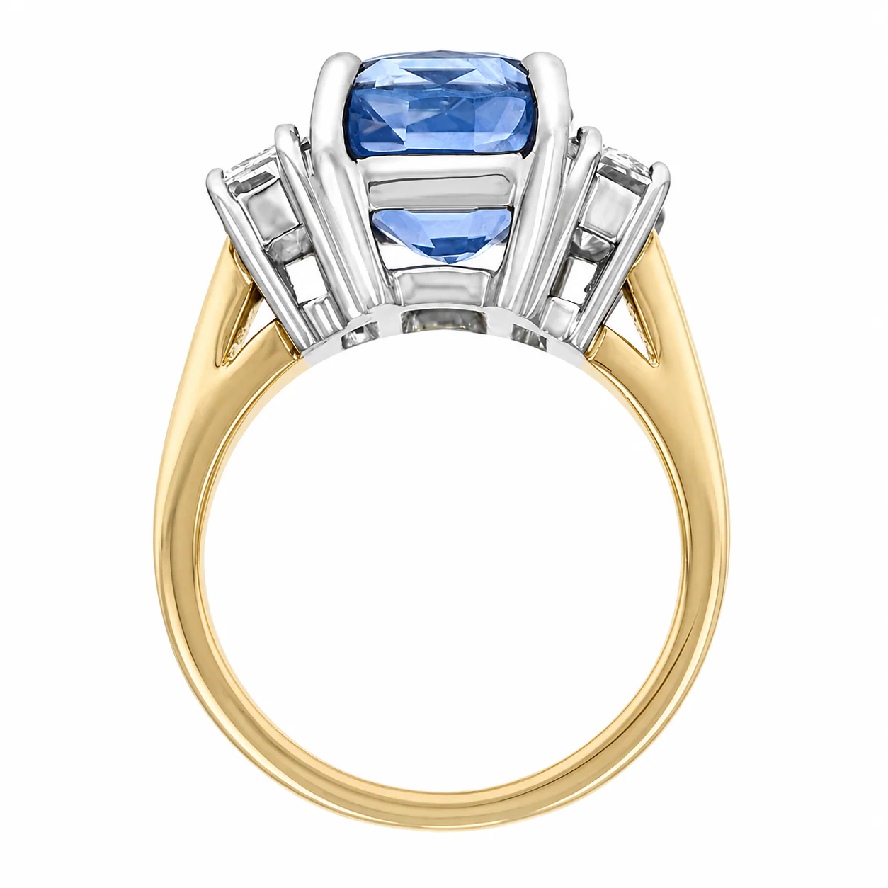 18K White And Yellow Gold Unheated Sapphire and Diamond Three Stone Ring - Image 3