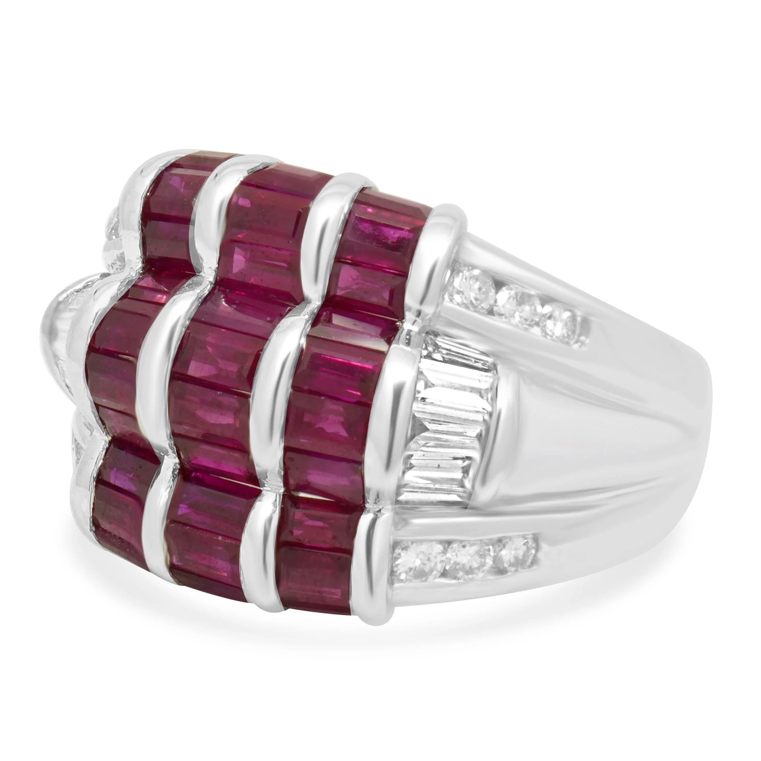 18K White Gold Baguette Cut Ruby and Diamond 3-Row Ring