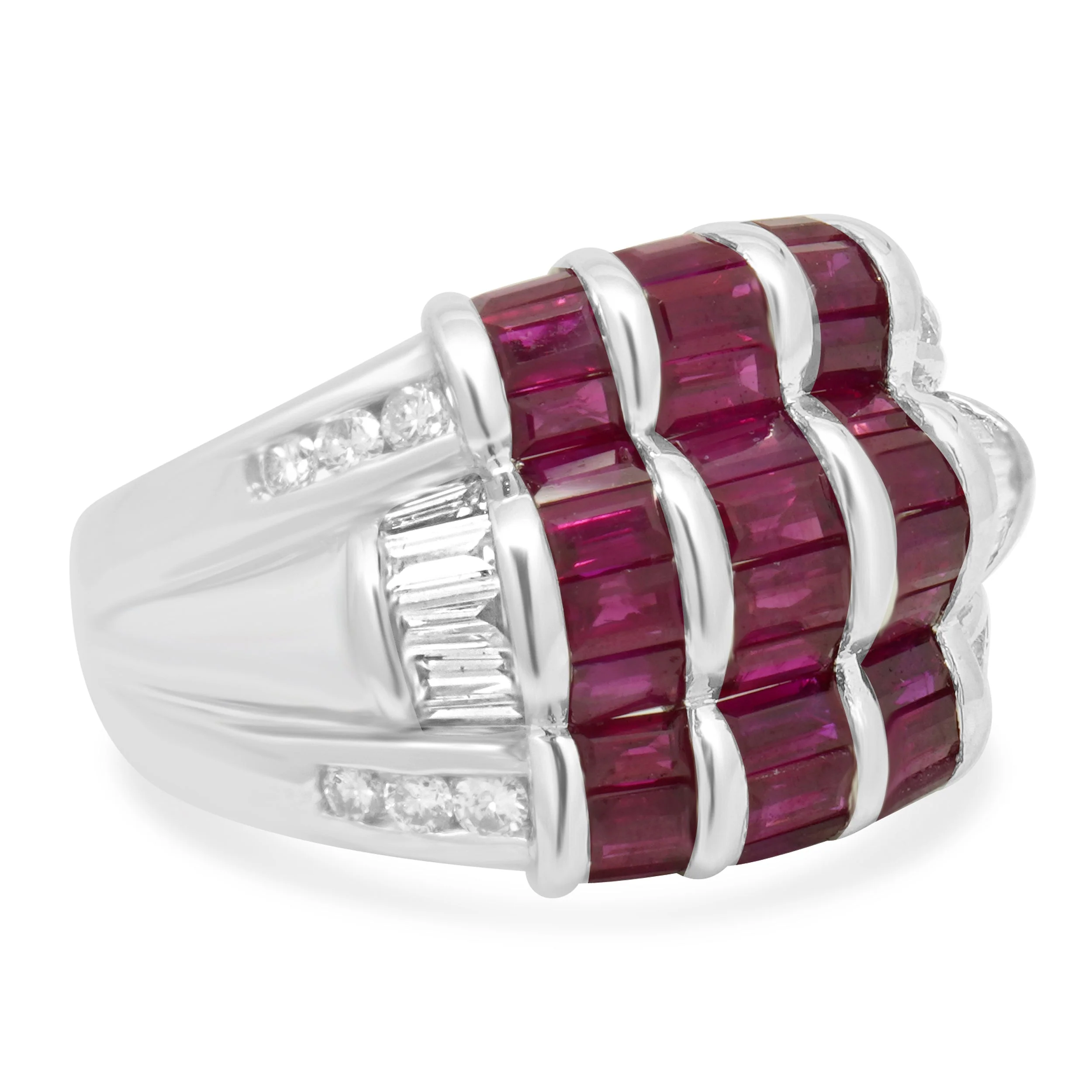 18K White Gold Baguette Cut Ruby and Diamond 3-Row Ring - Image 2