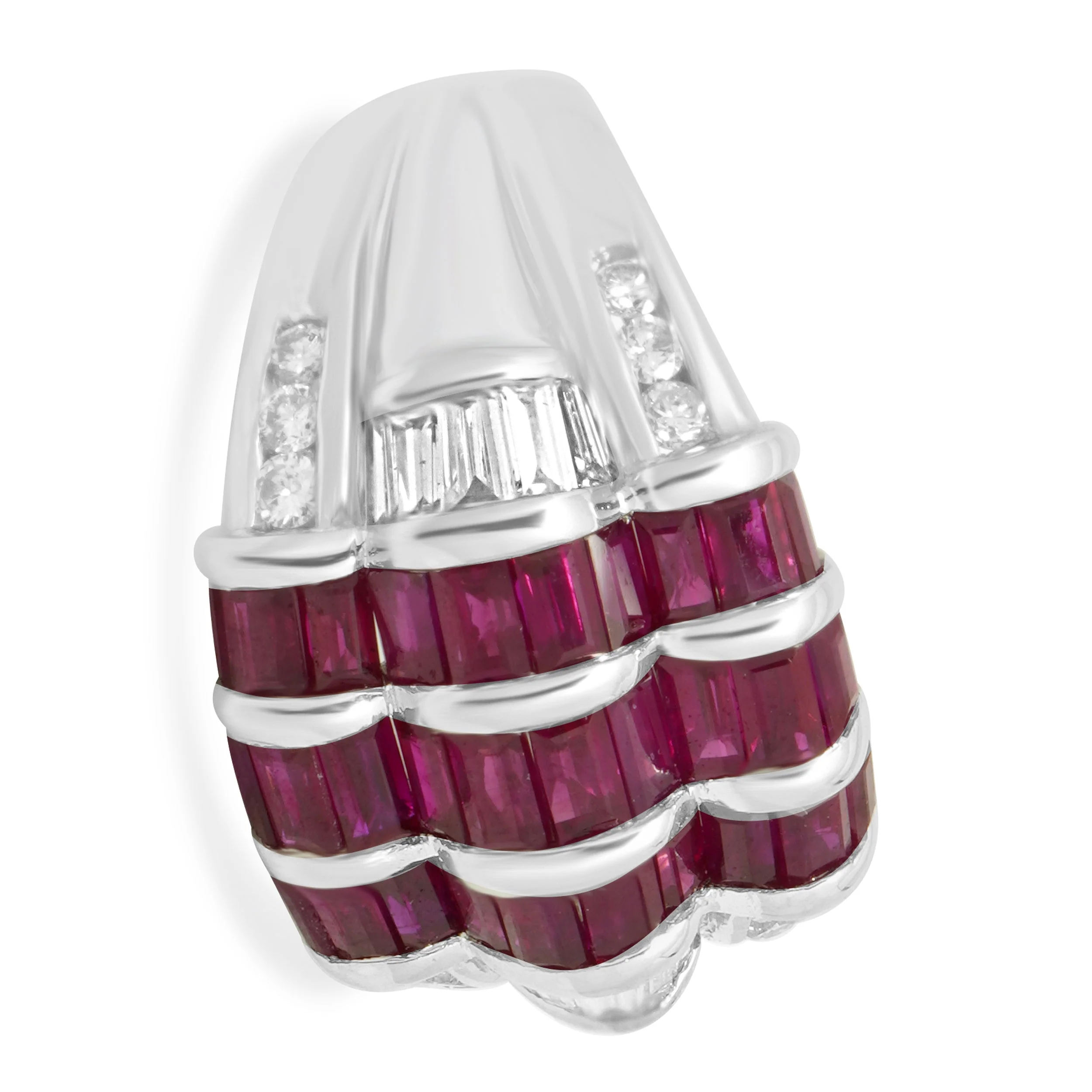 18K White Gold Baguette Cut Ruby and Diamond 3-Row Ring - Image 3