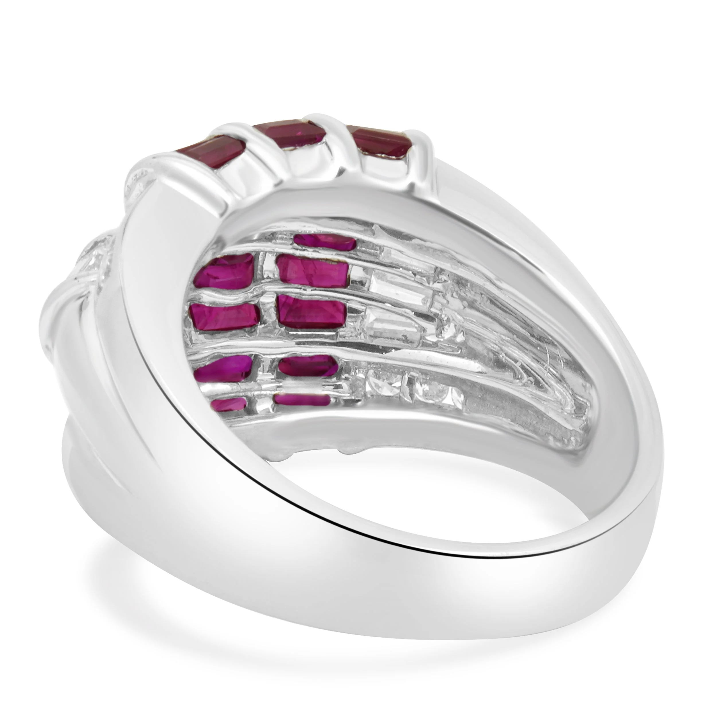 18K White Gold Baguette Cut Ruby and Diamond 3-Row Ring - Image 4