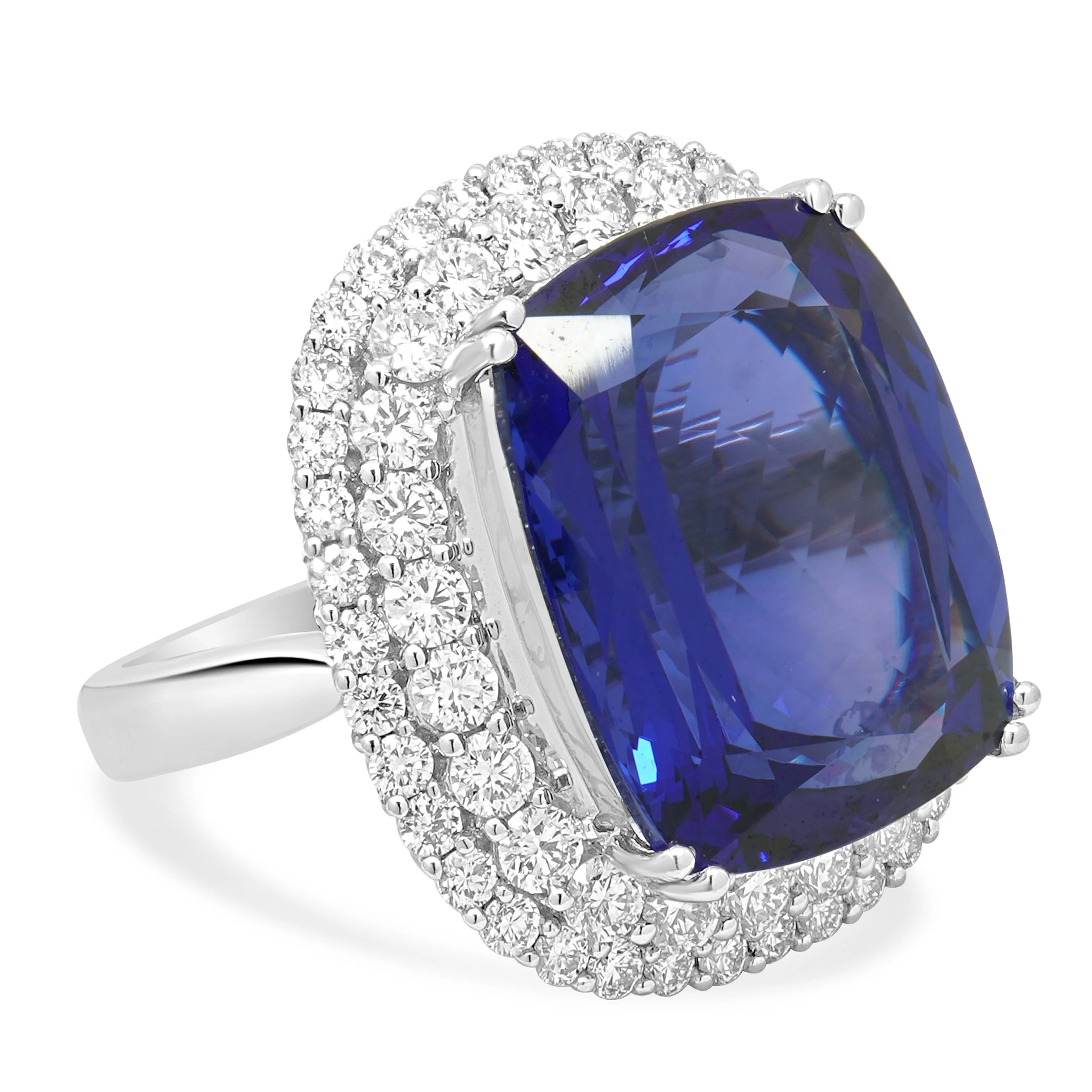 18K White Gold Cushion Cut Tanzanite and Round Diamond Double Halo Ring - Image 3