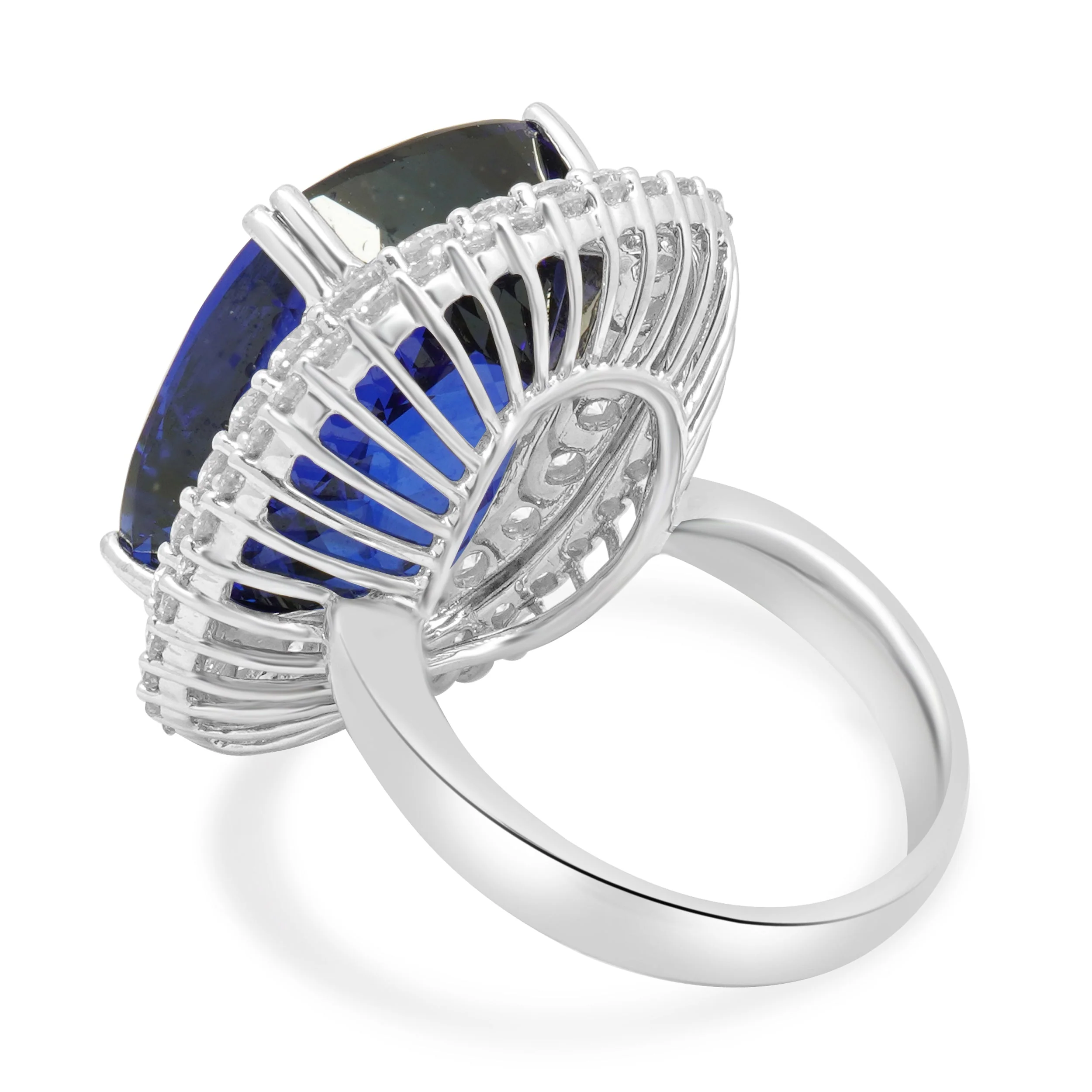 18K White Gold Cushion Cut Tanzanite and Round Diamond Double Halo Ring - Image 4