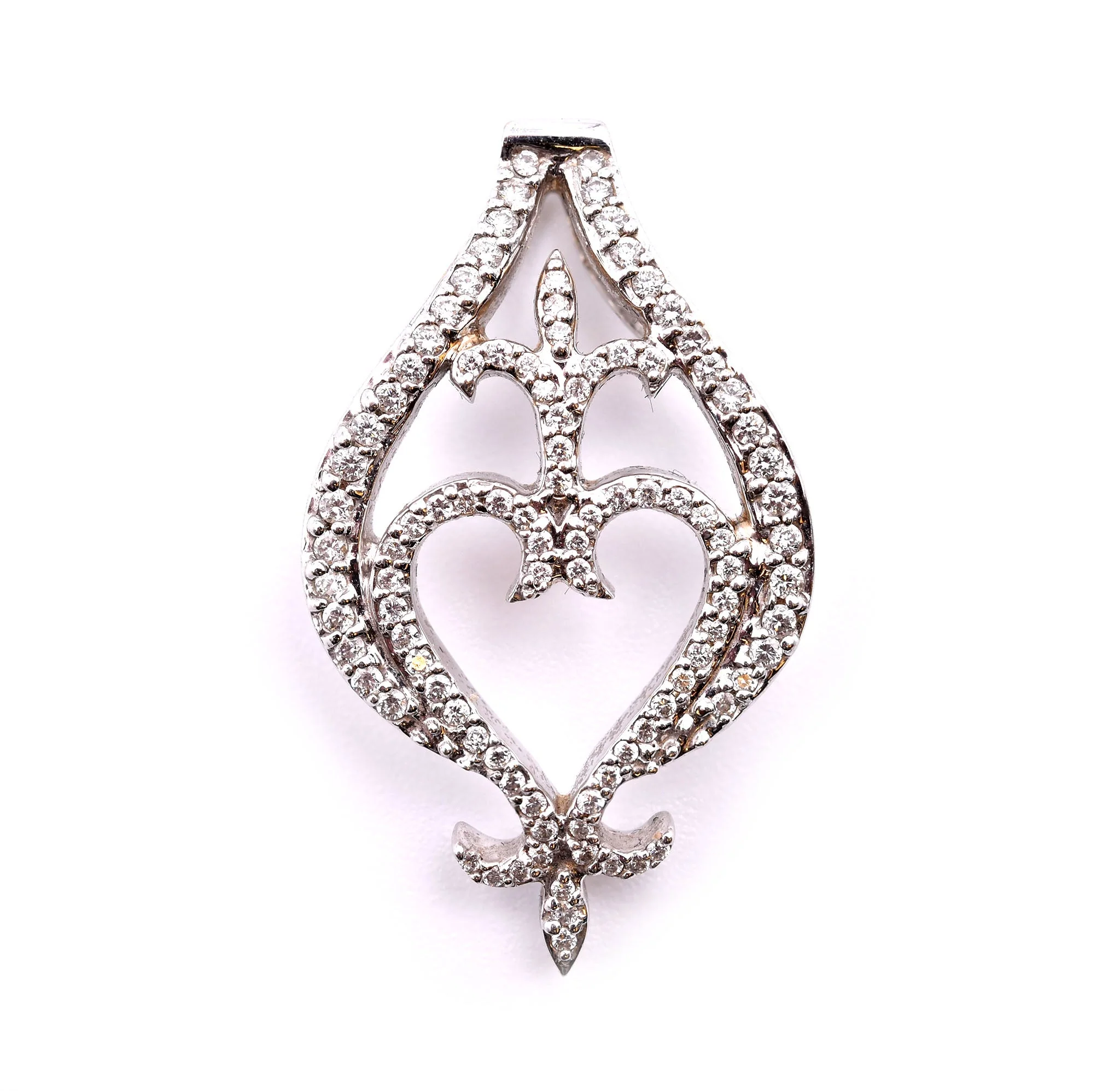 18k White Gold Diamond Fleur De Lis and Heart Pendant