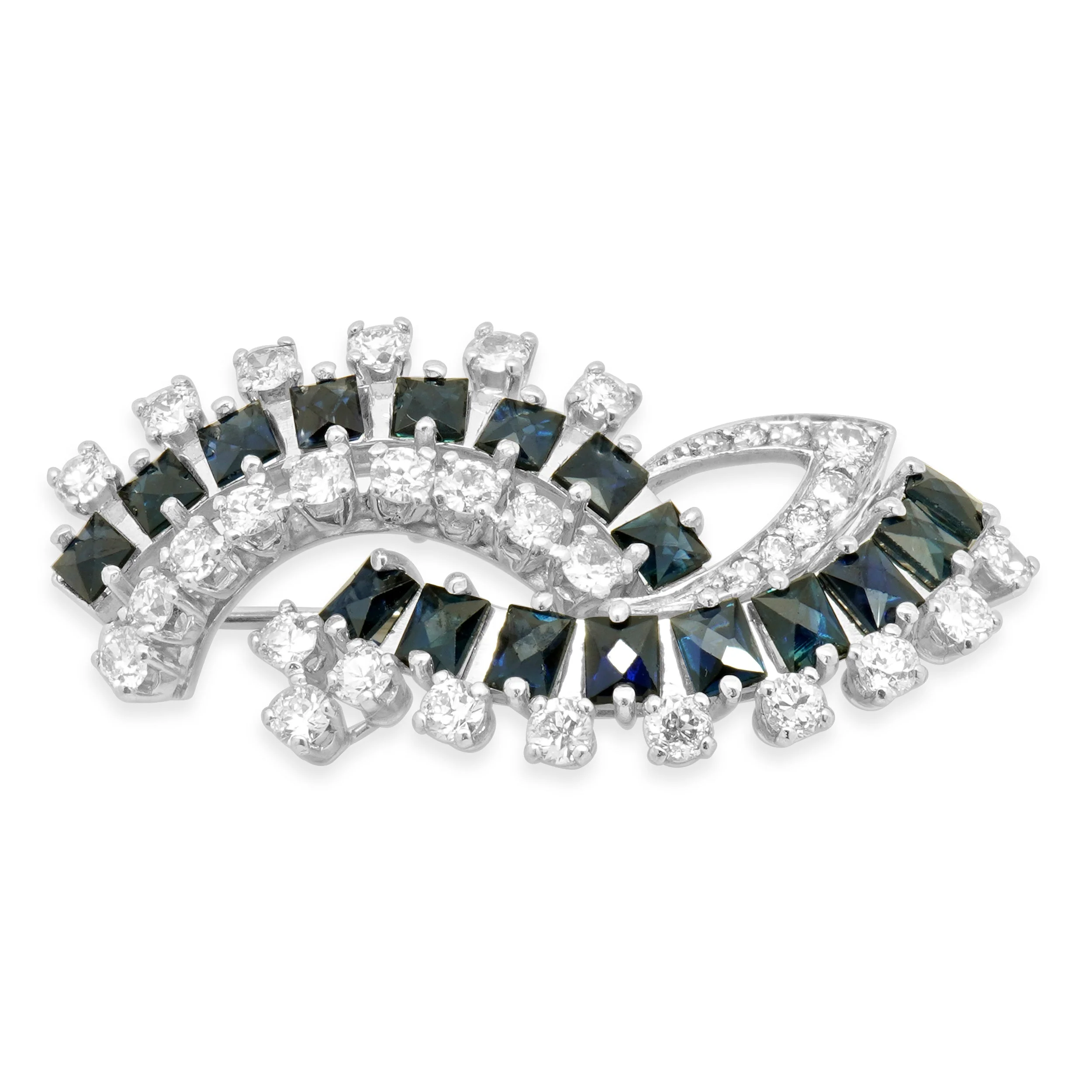 18K White Gold French Cut Blue Sapphire and Round Diamond Bypass Pin