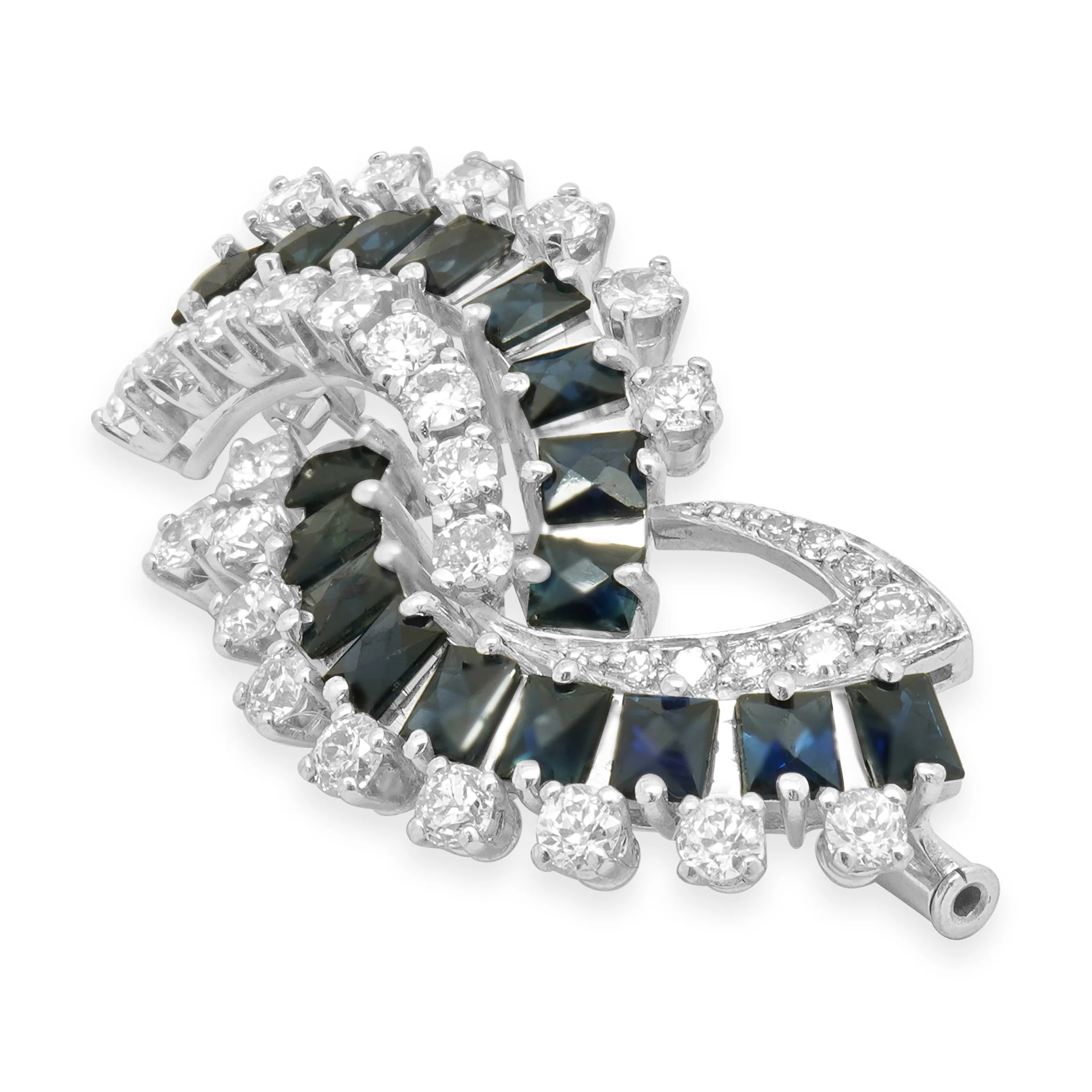 18K White Gold French Cut Blue Sapphire and Round Diamond Bypass Pin - Image 2