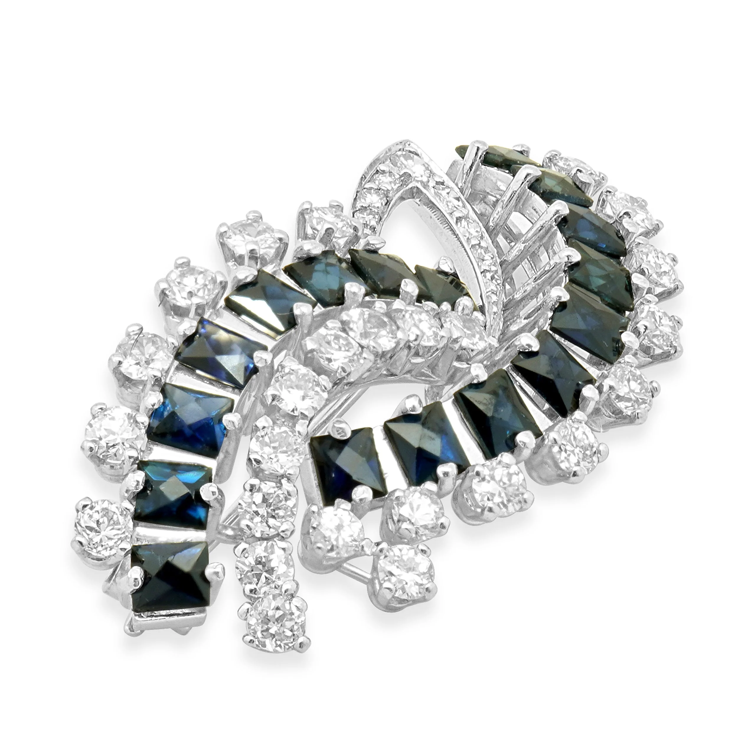 18K White Gold French Cut Blue Sapphire and Round Diamond Bypass Pin - Image 3
