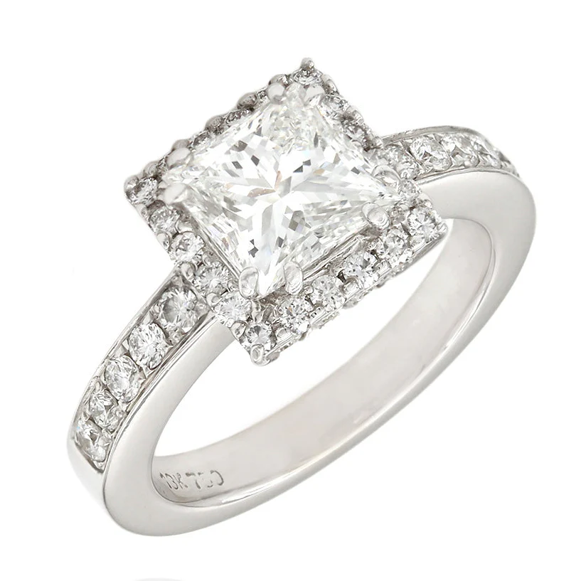 18K White Gold Princess-Cut Halo Diamond Engagement Ring