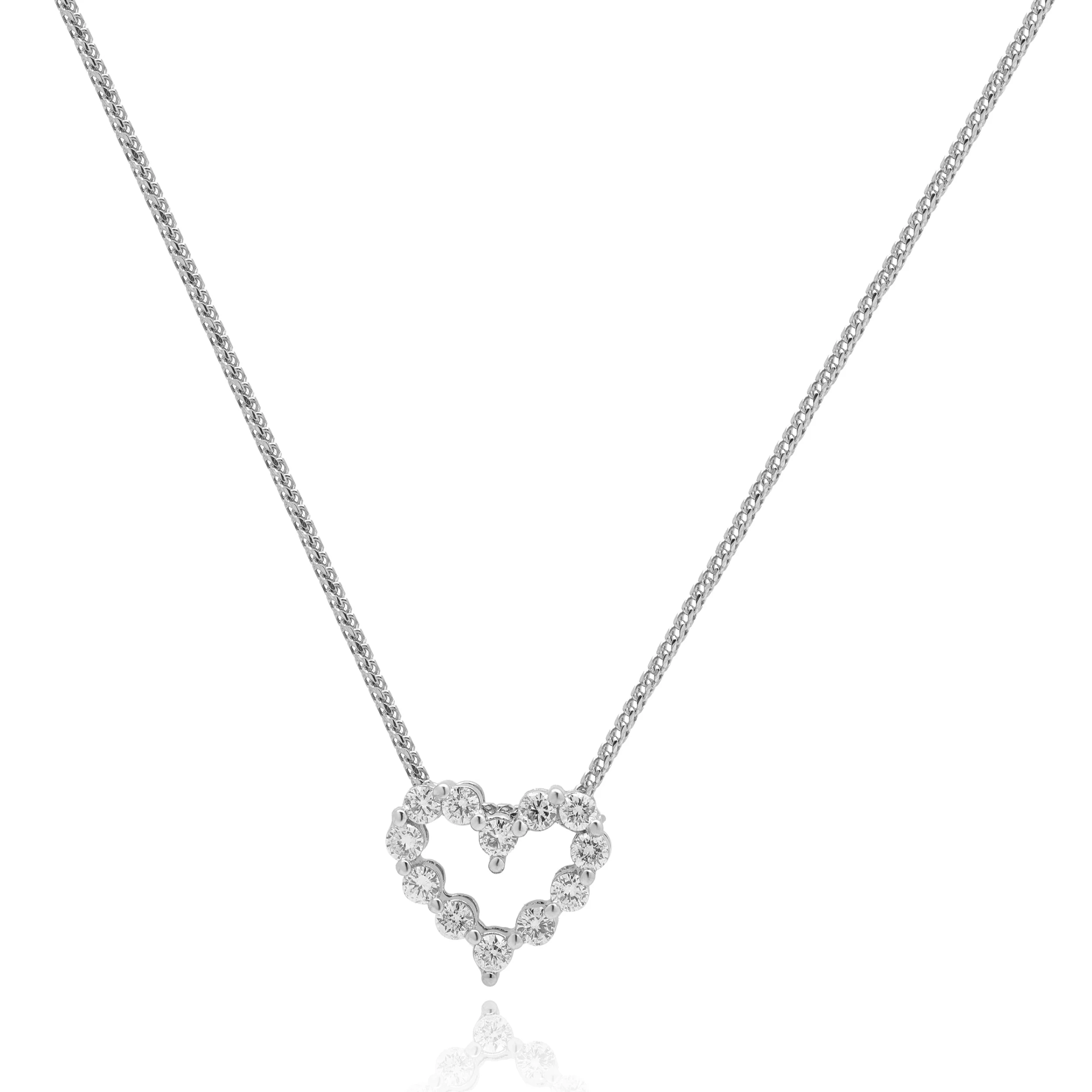 18K White Gold Shared Prong Set Round Diamond Heart Pendant Necklace 16.0"