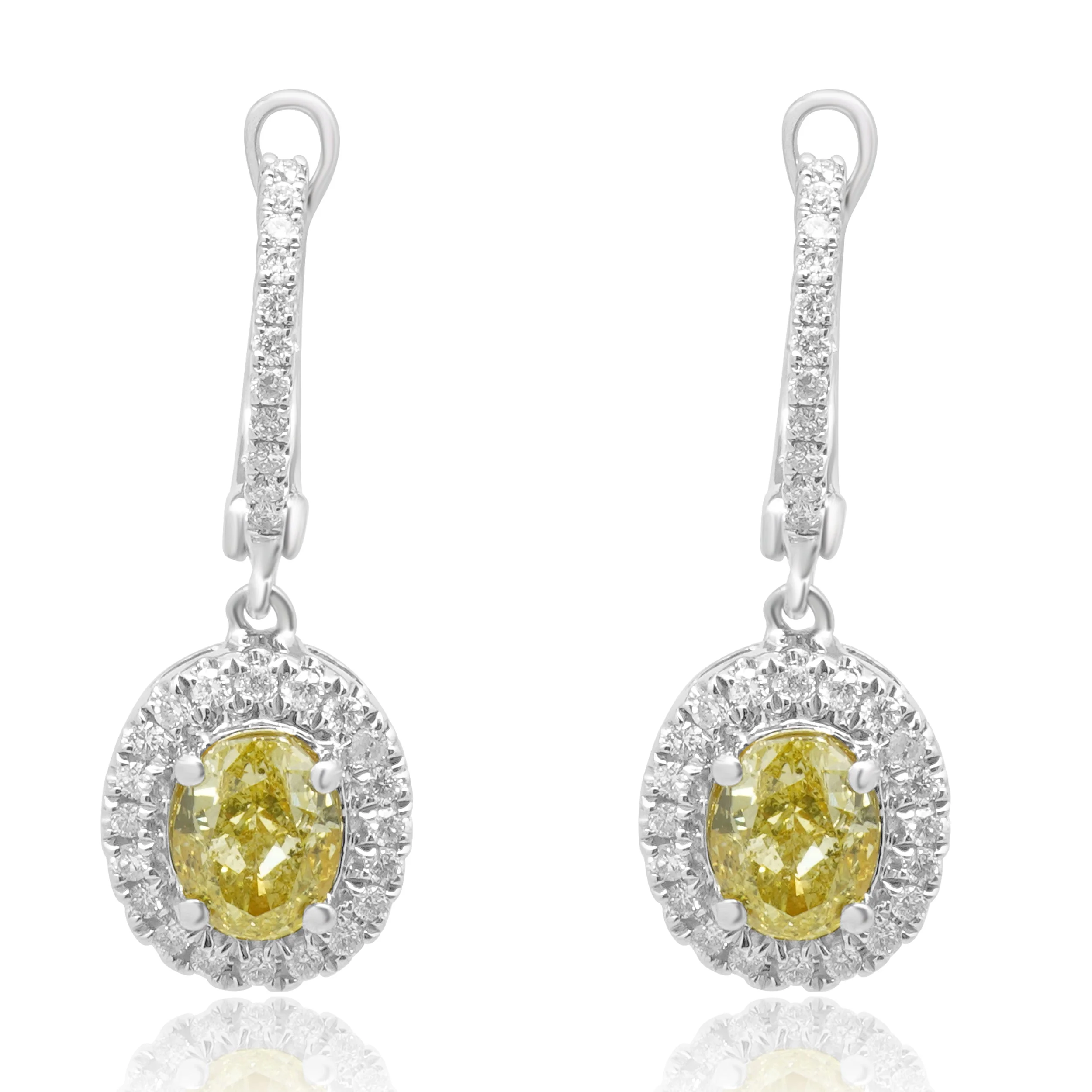 18K White Gold Yellow and White Diamond Halo Drop Earrings