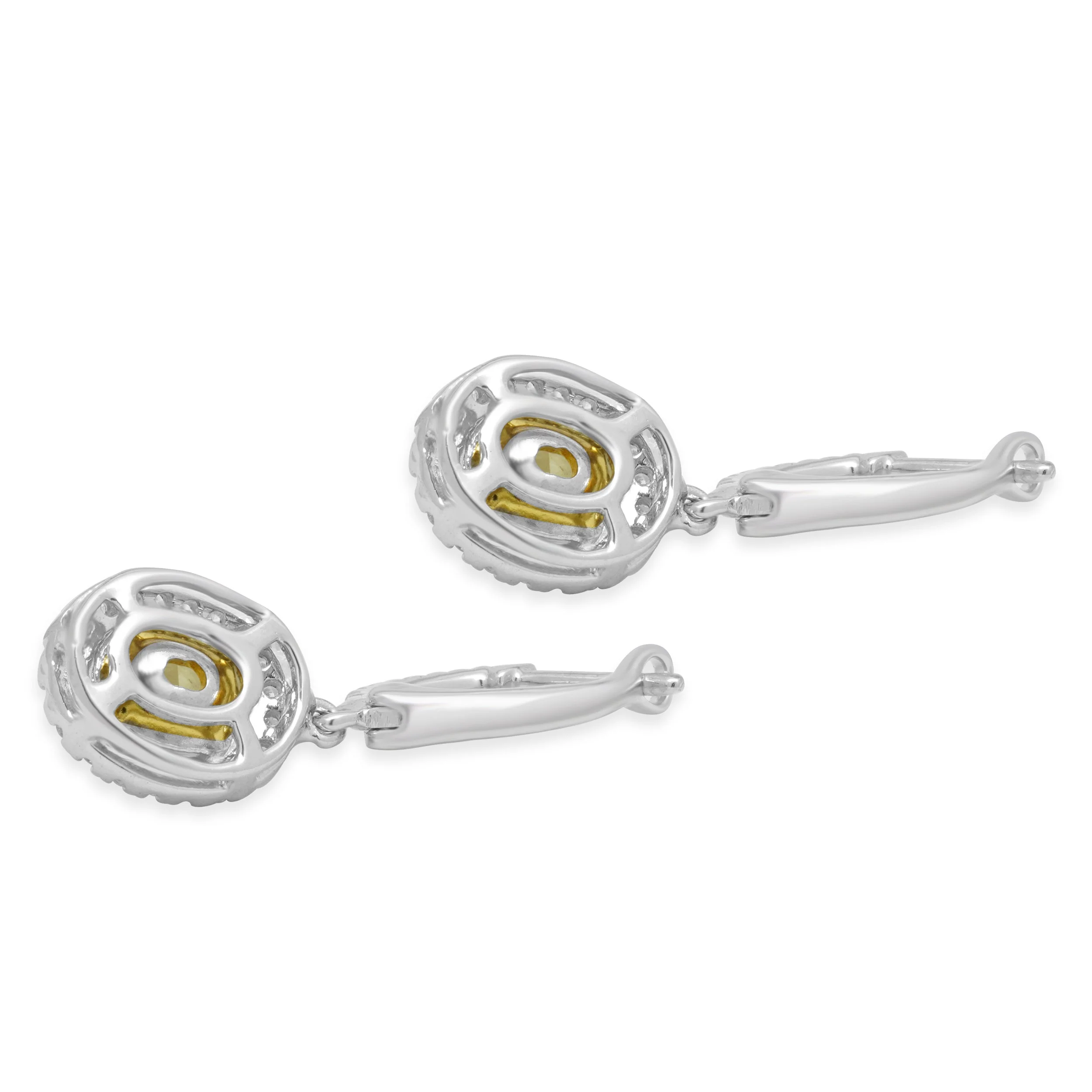 18K White Gold Yellow and White Diamond Halo Drop Earrings - Image 3