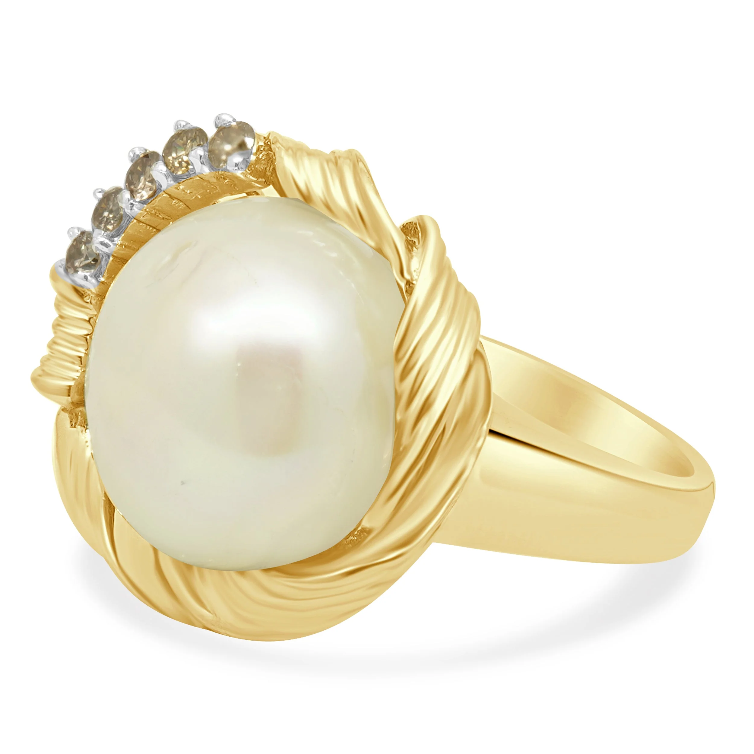 18K Yellow Gold Baroque Pearl and Round Diamond Accent Ring - Image 3