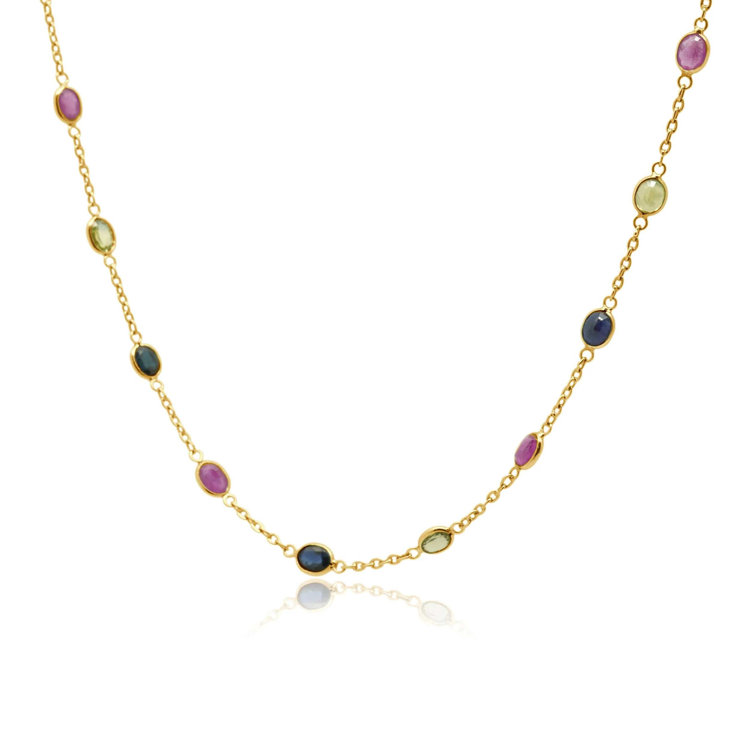 18K Yellow Gold Bezel Set Multi-Color Oval Sapphire Station Necklace 18.0"