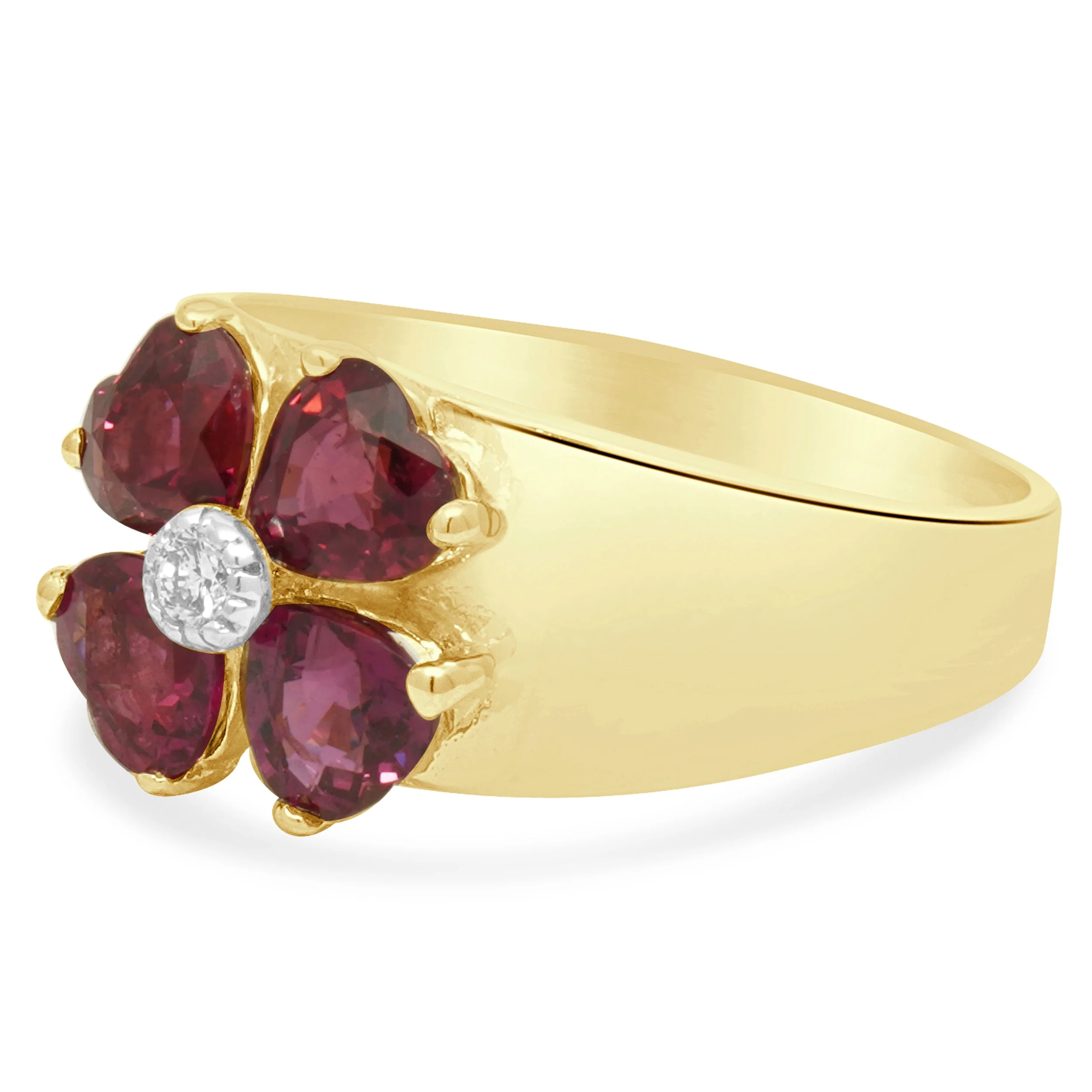 18K Yellow Gold Heart-Shaped Ruby and Round Diamond Clover Ring - Image 2