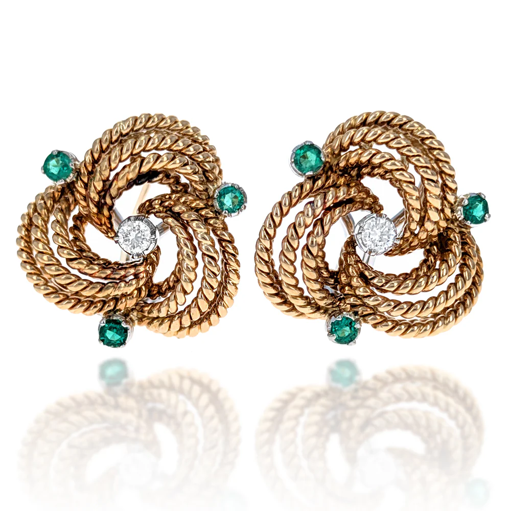 18K Yellow & White Gold Diamond & Emerald Love Knot Earrings