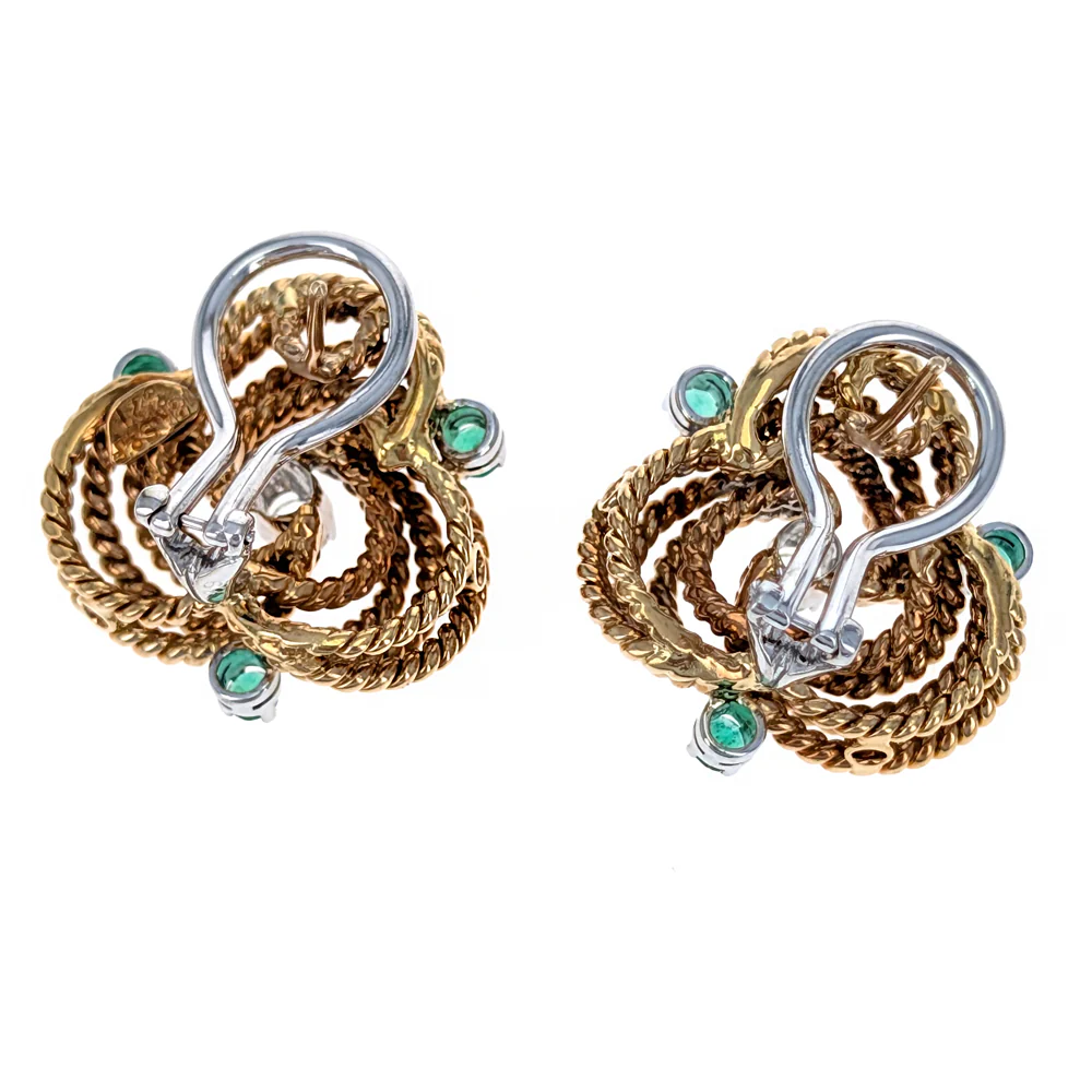 18K Yellow & White Gold Diamond & Emerald Love Knot Earrings - Image 3