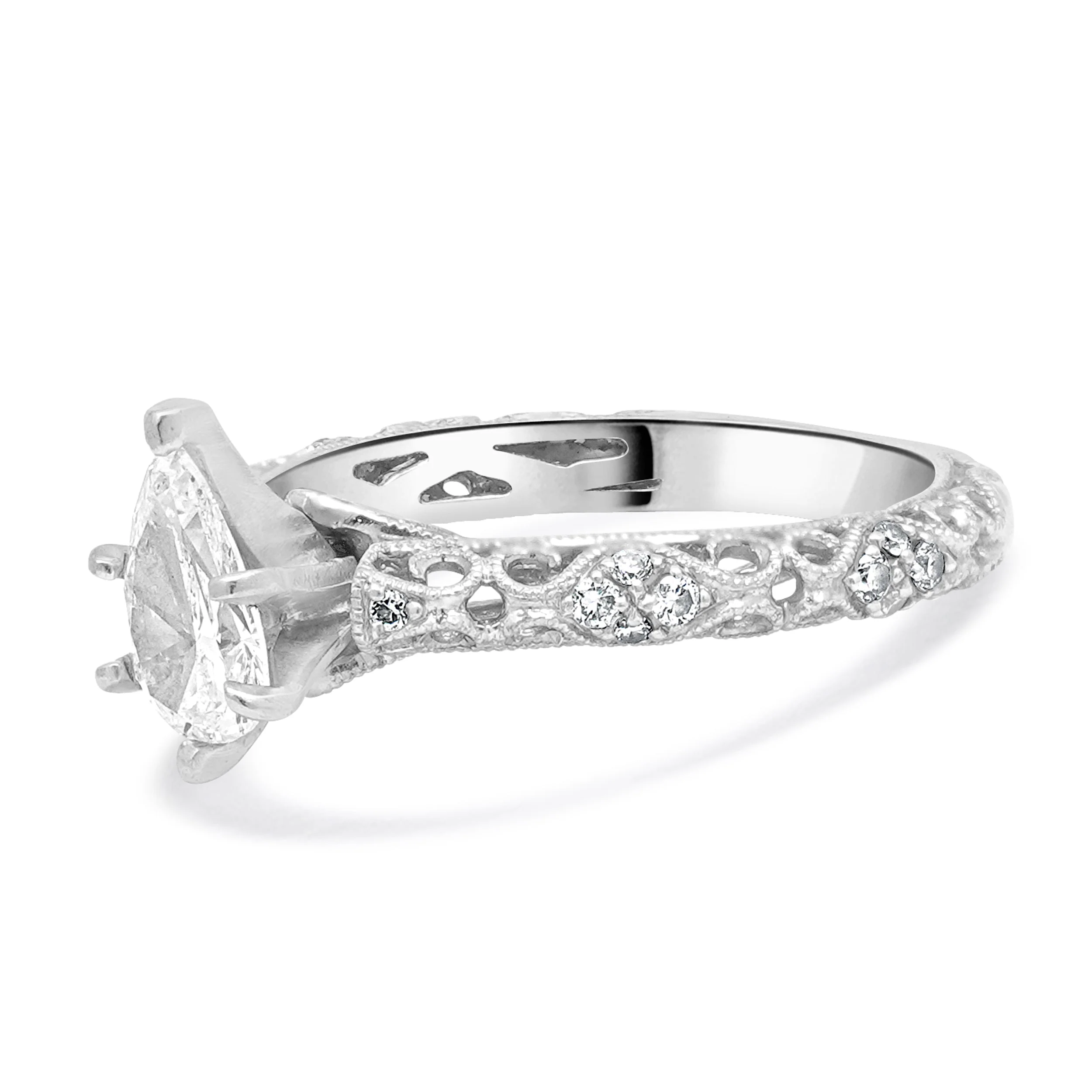 18 Karat White Gold Pear Shaped Filagree Diamond Engagement Ring - Image 2