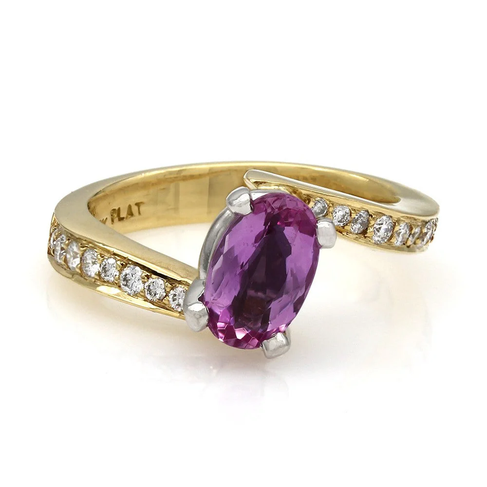 18K Two-Tone Yellow Gold & Platinum Pink Sapphire & Diamond Bypass Ring - Image 2