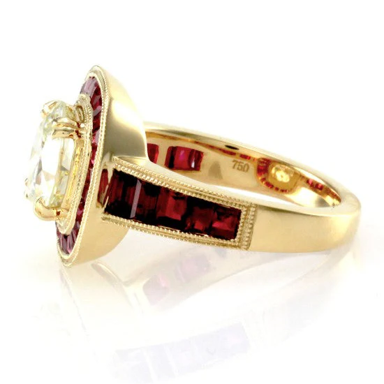 18K Yellow Gold Old European Cut Diamond & Rubies Engagement Ring - Image 4