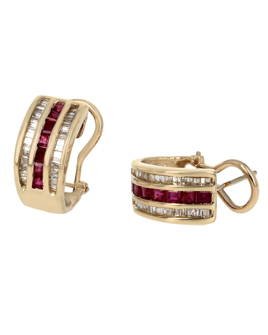 3 Row Diamond and Ruby Curved Earrings - Image 2