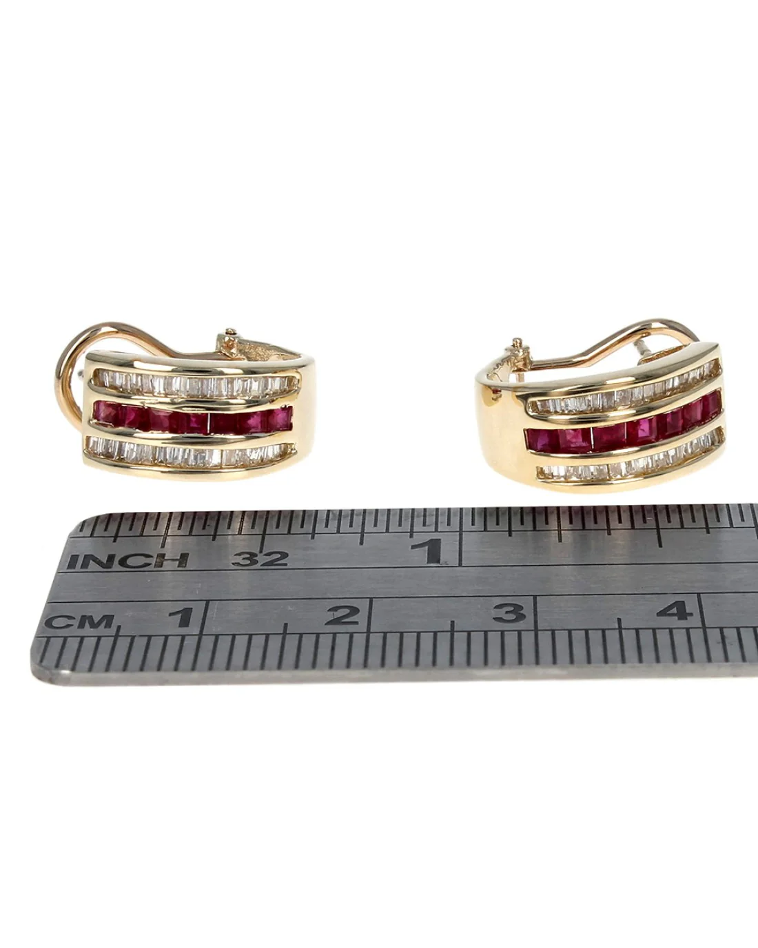 3 Row Diamond and Ruby Curved Earrings - Image 3