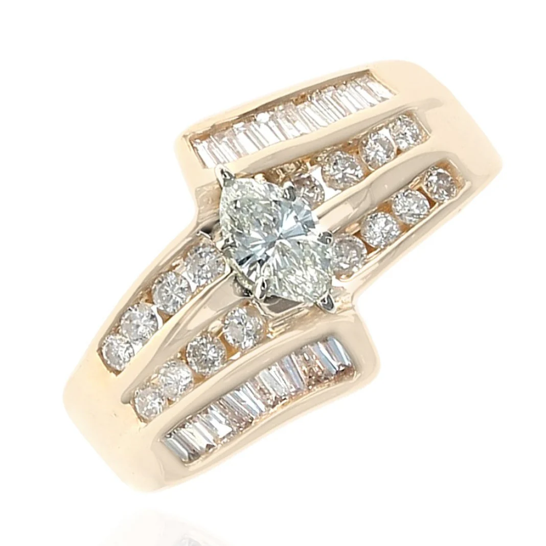 14K Yellow Gold Marquise Round and Baguette Diamond Bypass Ring