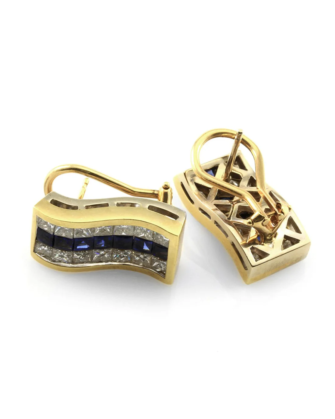 3 Row Sapphire and Diamond Wave Earrings - Image 2