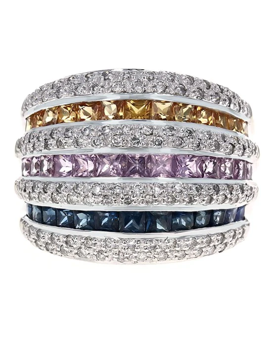 7 Row Alternating Pave Diamond and Multicolor Sapphire Ring in White Gold - Image 2