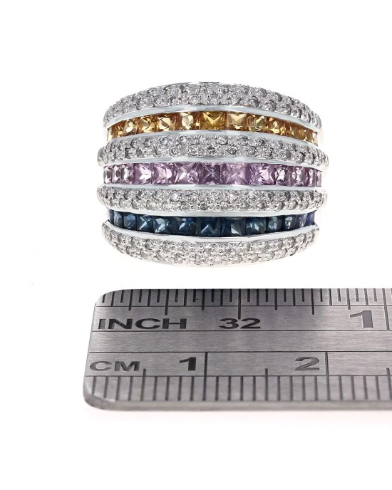7 Row Alternating Pave Diamond and Multicolor Sapphire Ring in White Gold - Image 3