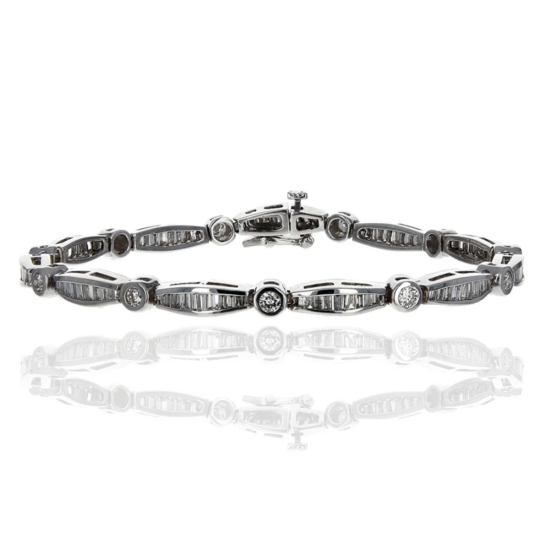 14K White Gold Alternating Baguette and Round Diamond Inline Bracelet