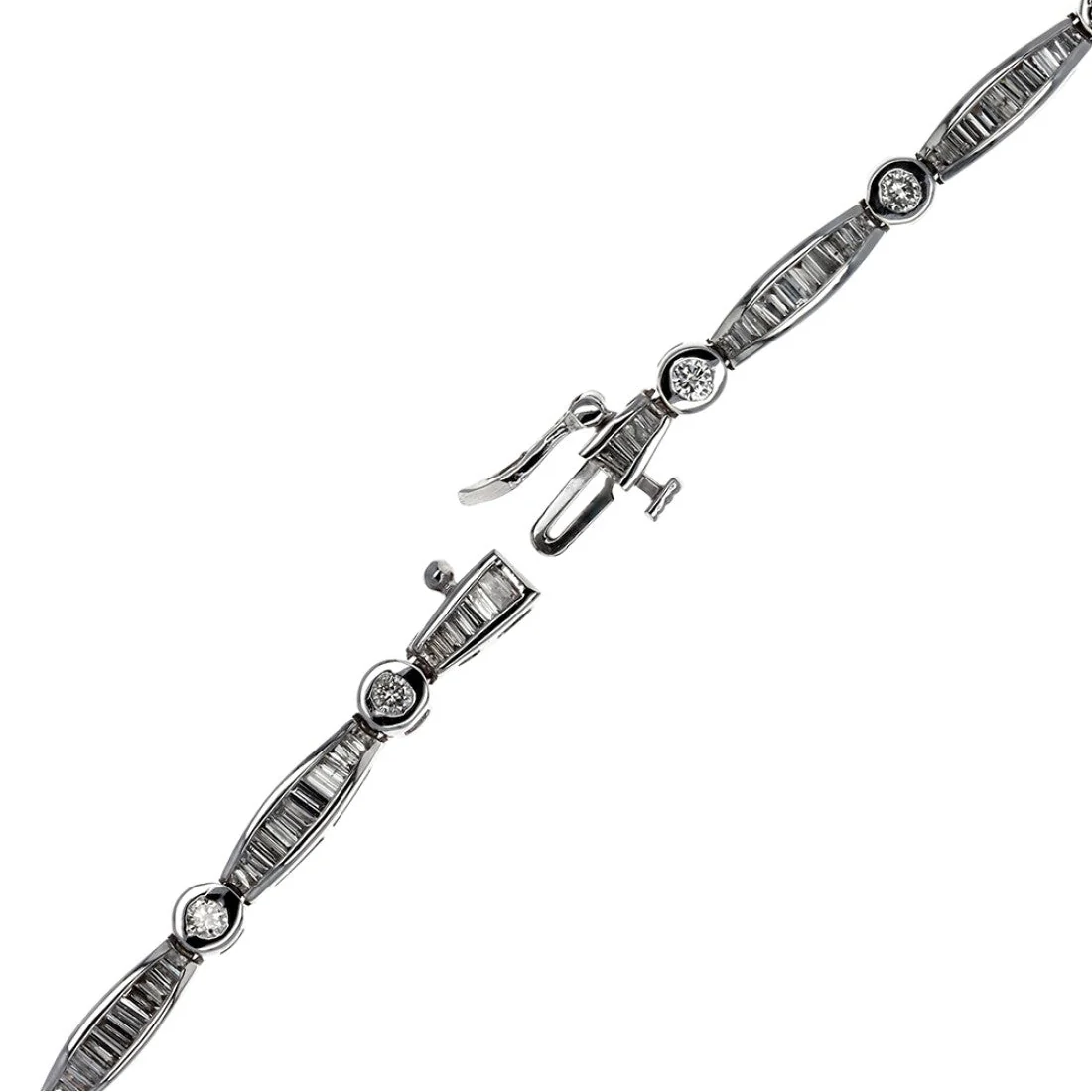 14K White Gold Alternating Baguette and Round Diamond Inline Bracelet - Image 2