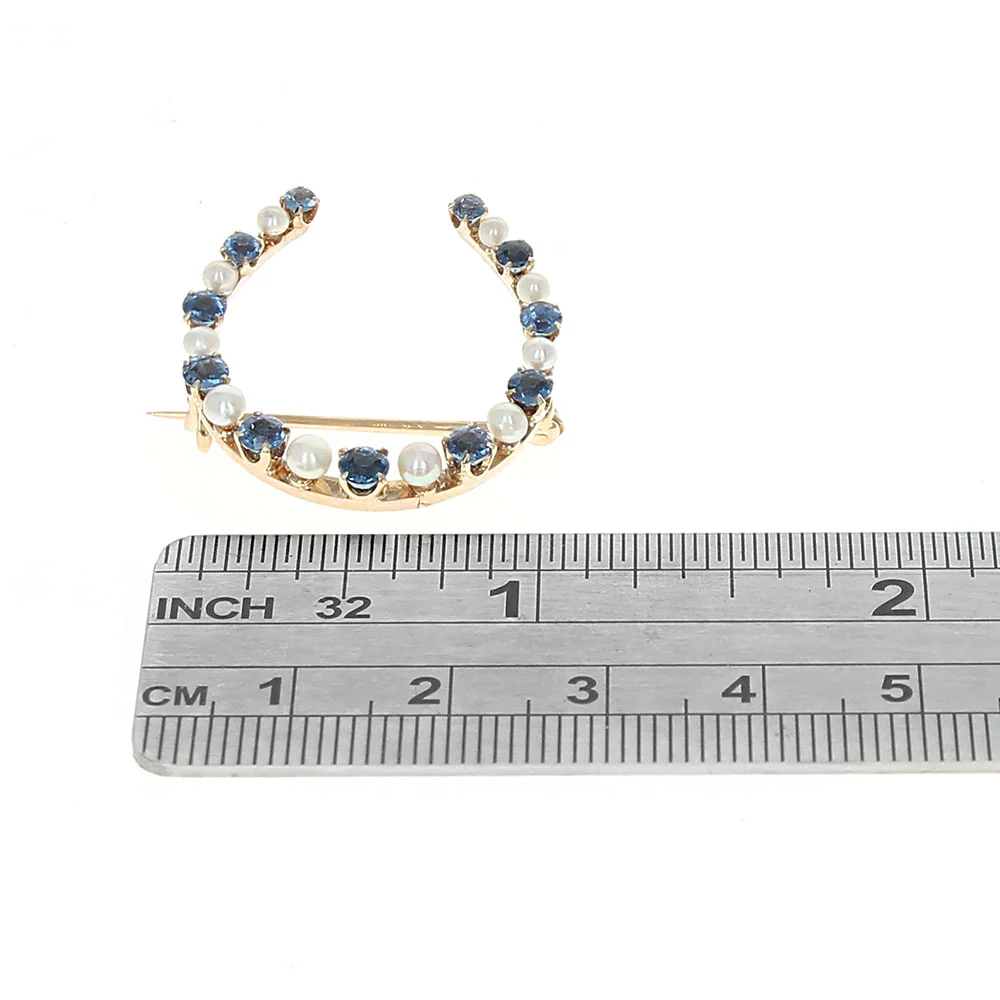 Alternating Blue Sapphire and Pearl Horseshoe Pin in Yellow Gold - Image 3