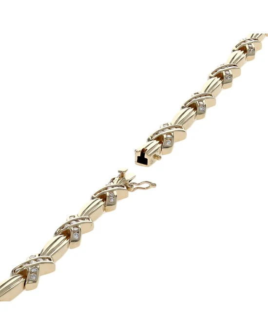 Alternating Diamond X Fluted Barrel Link Inline Bracelet in Yellow Gold - Image 2