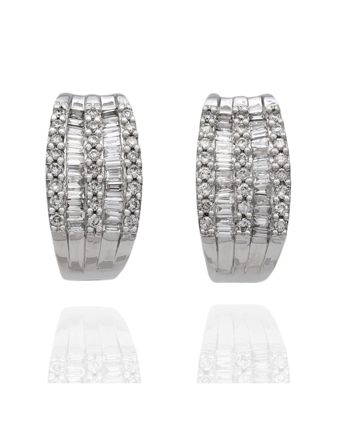 Alternating Round and Baguette Diamond Huggie Earrings in 14kw