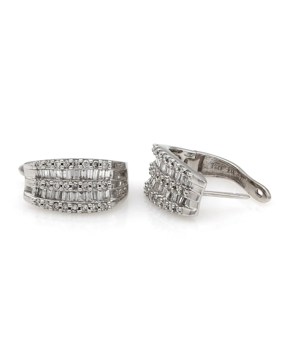 Alternating Round and Baguette Diamond Huggie Earrings in 14kw - Image 2