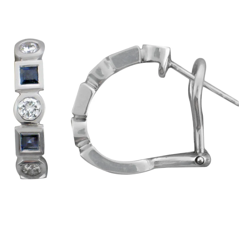 14K White Gold Alternating Round Diamond and Square Sapphire Earrings