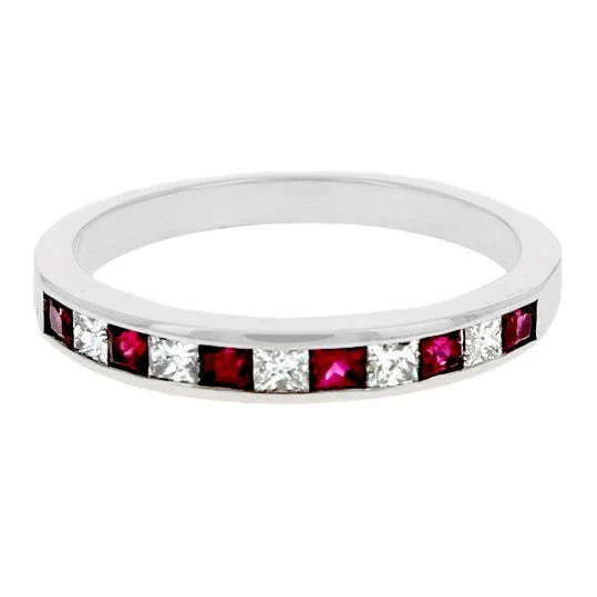 14K White Gold Alternating Ruby and Princess Diamond Band - Image 2