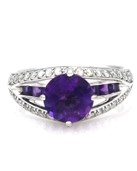 Amethyst and Diamond Split Shank Ring in White Gold - Image 2