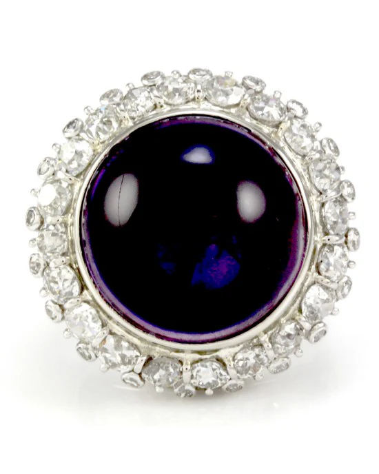 Amethyst Cabochon Diamond Halo Ring in White Gold - Image 2