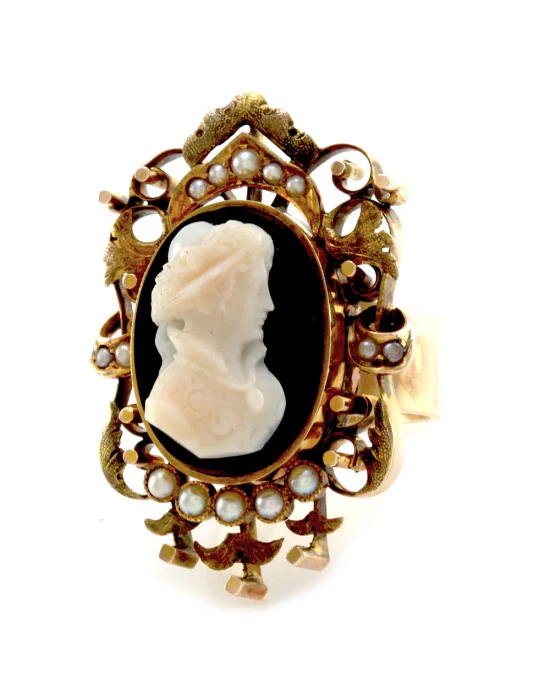 Antique Cameo Ring with Seed Pearls in 12K/ 14K Yellow Gold - Image 3
