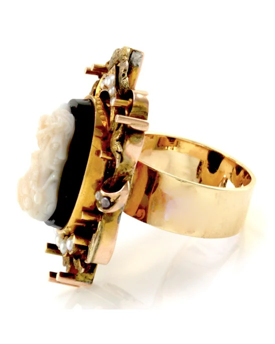 Antique Cameo Ring with Seed Pearls in 12K/ 14K Yellow Gold - Image 4