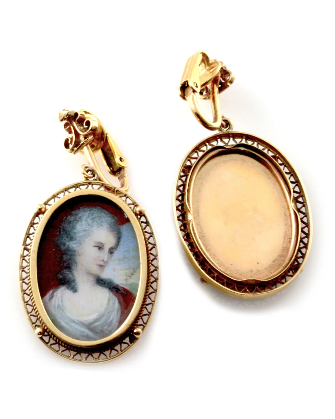 Antique Hand Painted Micro Portrait Clip-On Earrings in 10K Yellow Gold - Image 2