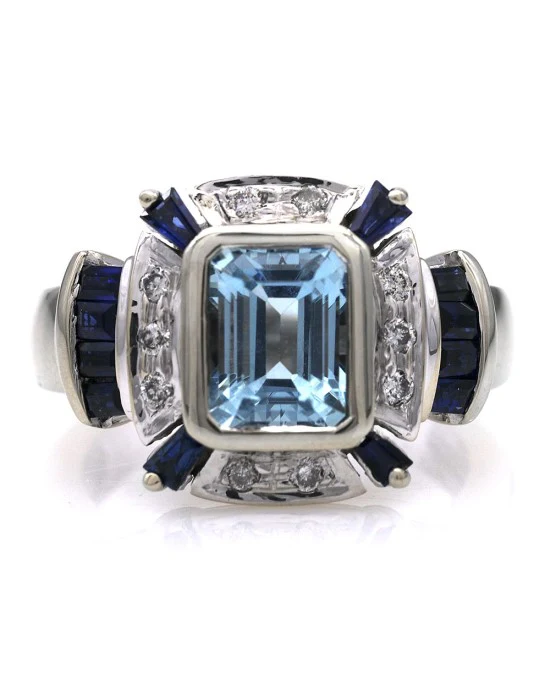 Aquamarine, Sapphire and Diamond Fashion Ring - Image 2