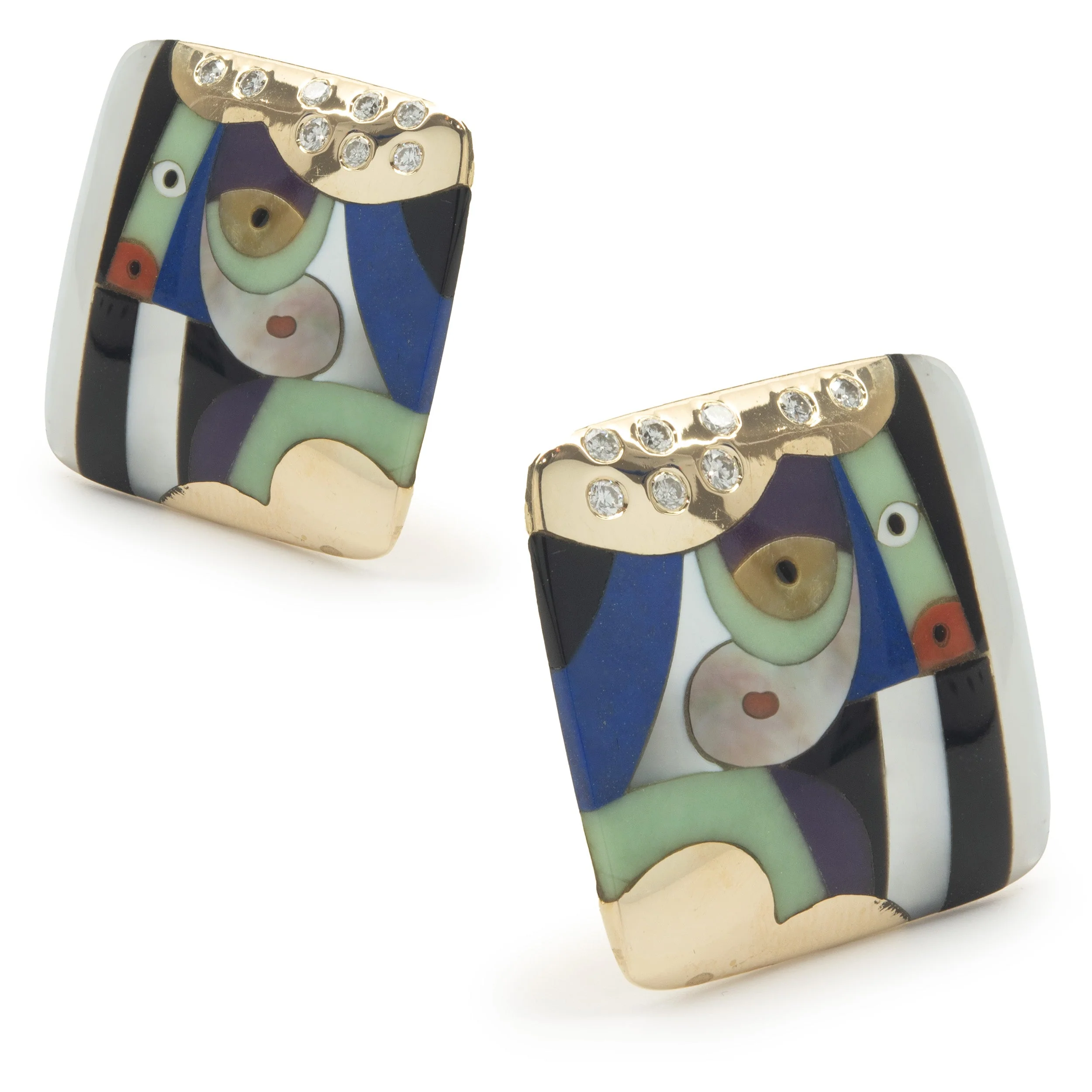Asch Grossbardt 18 Karat Yellow Gold Diamond and Multi Gemstone Inlay Square Earrings - Image 2