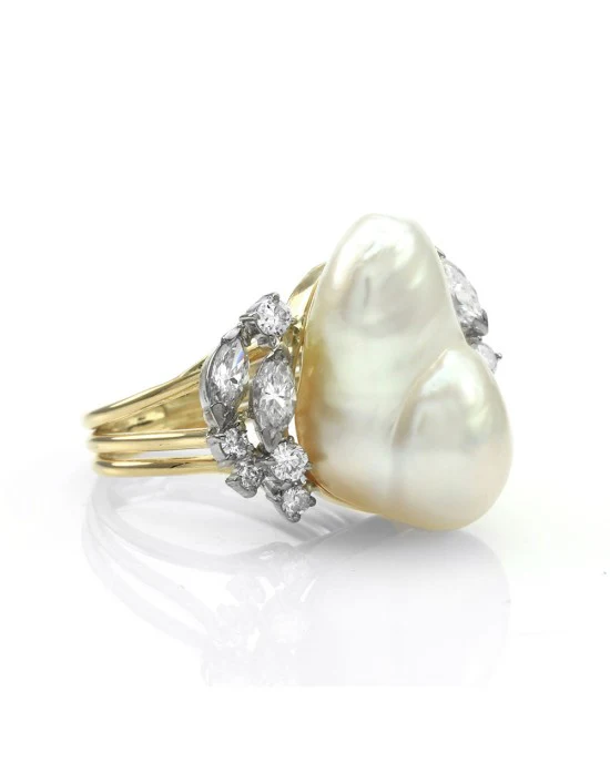 Baroque South Sea Pearl Ring with Diamonds in Gold
