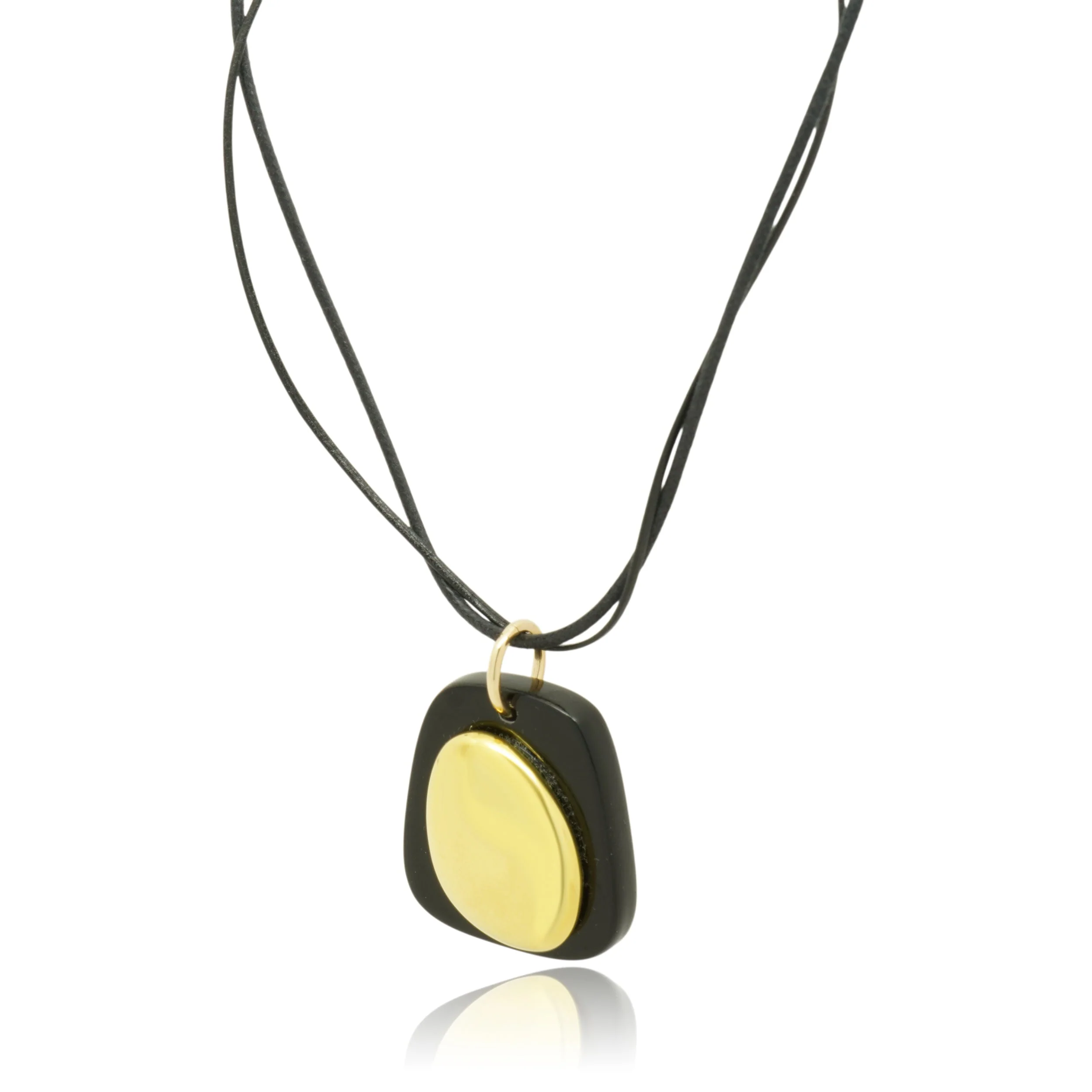 Bernardaud Brass Freeform Oval and Black Resin Pendant on Double Leather Cord Necklace 16.5" - Image 3