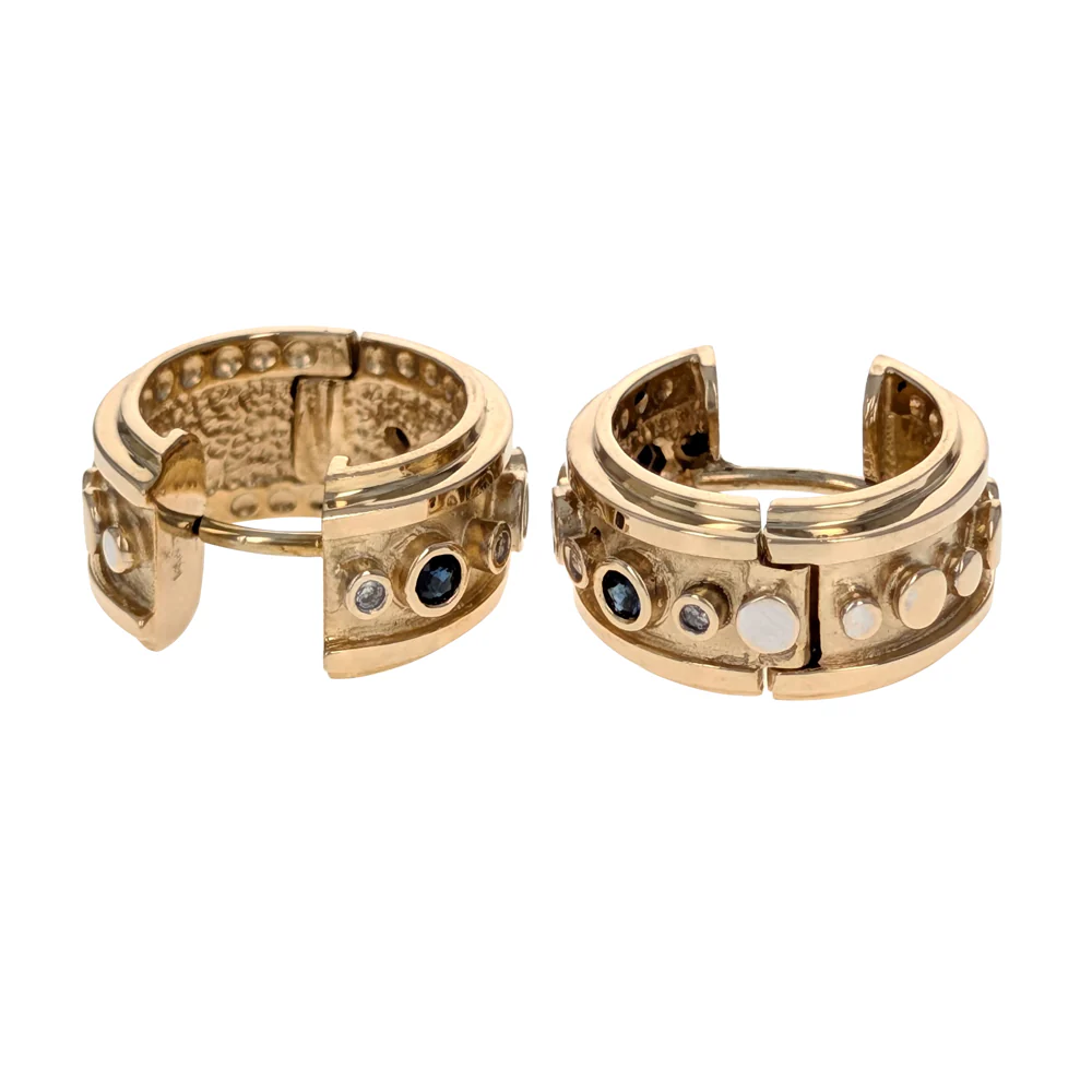 Bezel Set Diamond and Sapphire Huggie Earrings in Yellow Gold - Image 2